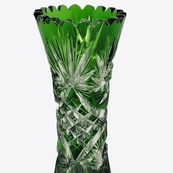 Vintage German Emerald Green Cut-to-Clear Crystal Tapered Vase | 1950s-60s - Picture 3 of 8